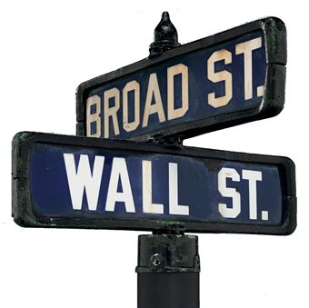 [NEW YORK -- WALL ST.] Wall St. and Broad St. Original post-top style intersection street sign.  Late-19th to early-20th Century.